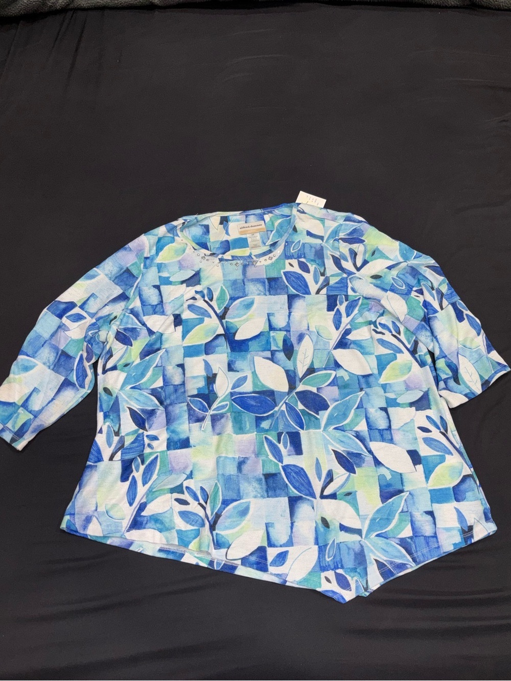 Alfred Dunner Blue and Aqua Leaf-Print Tunic Top
